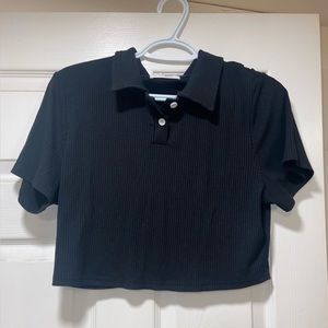 Black half button crop top with collar.